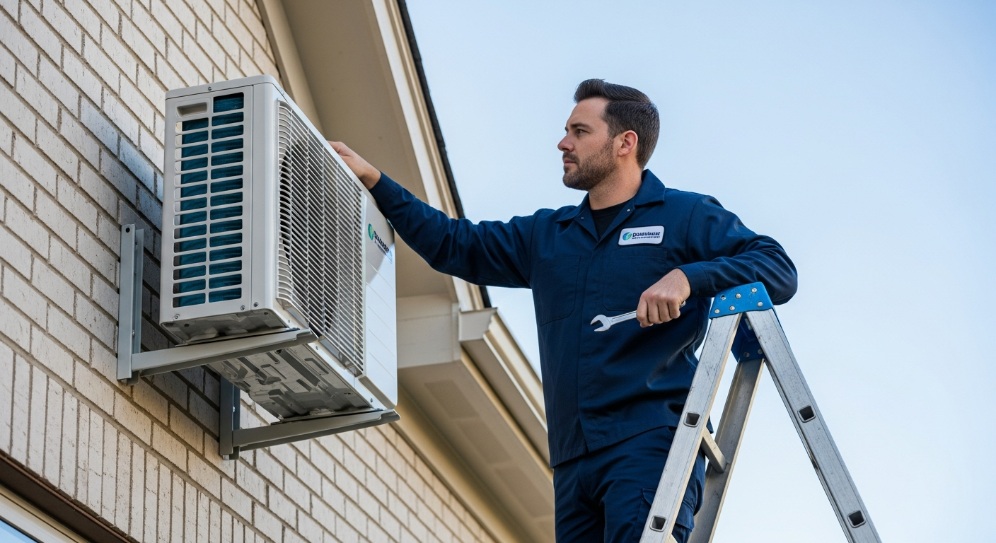 Professional HVAC technician at work fixing a indoor unit