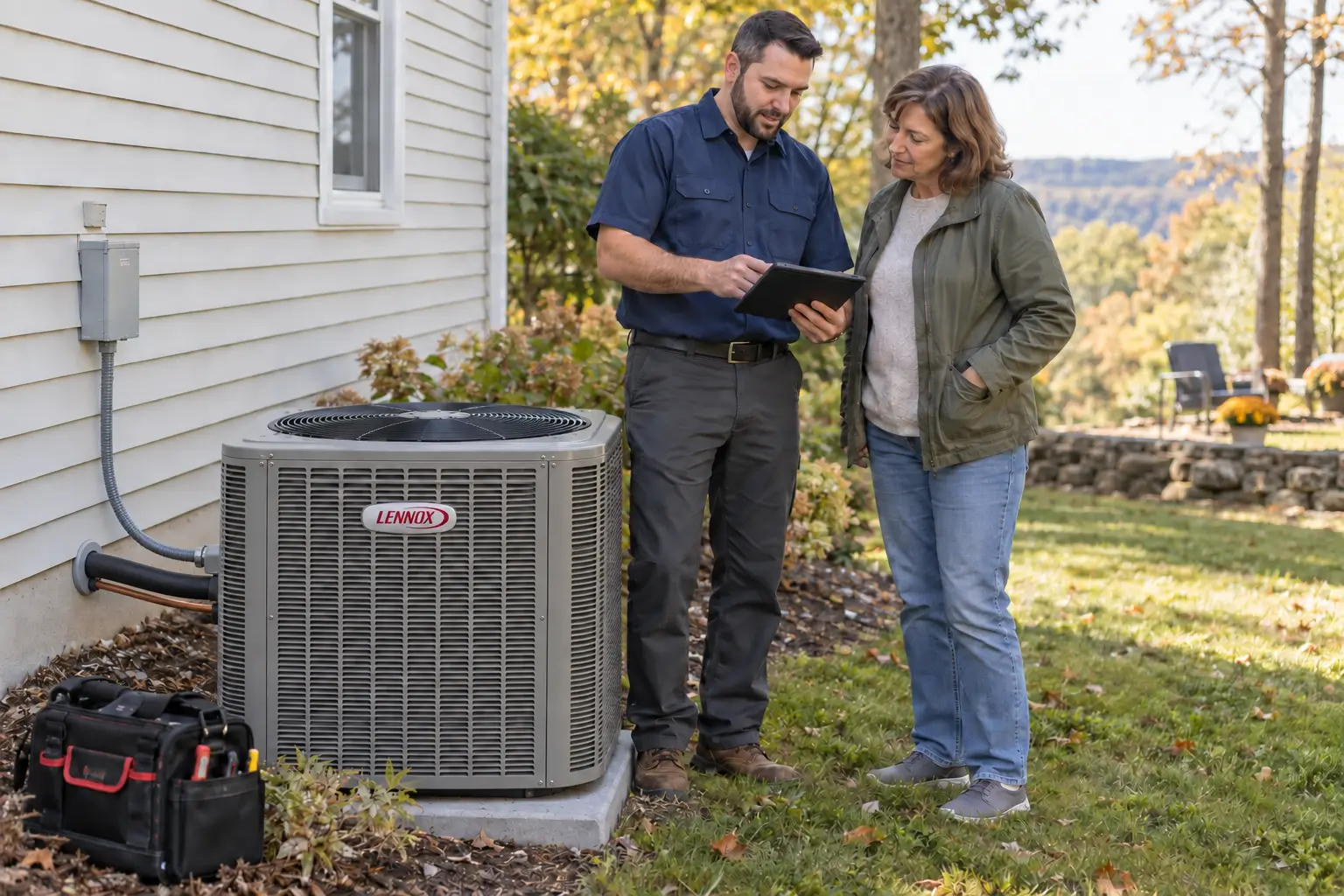 HVAC technician reviewing an outdoor system with a homeowner